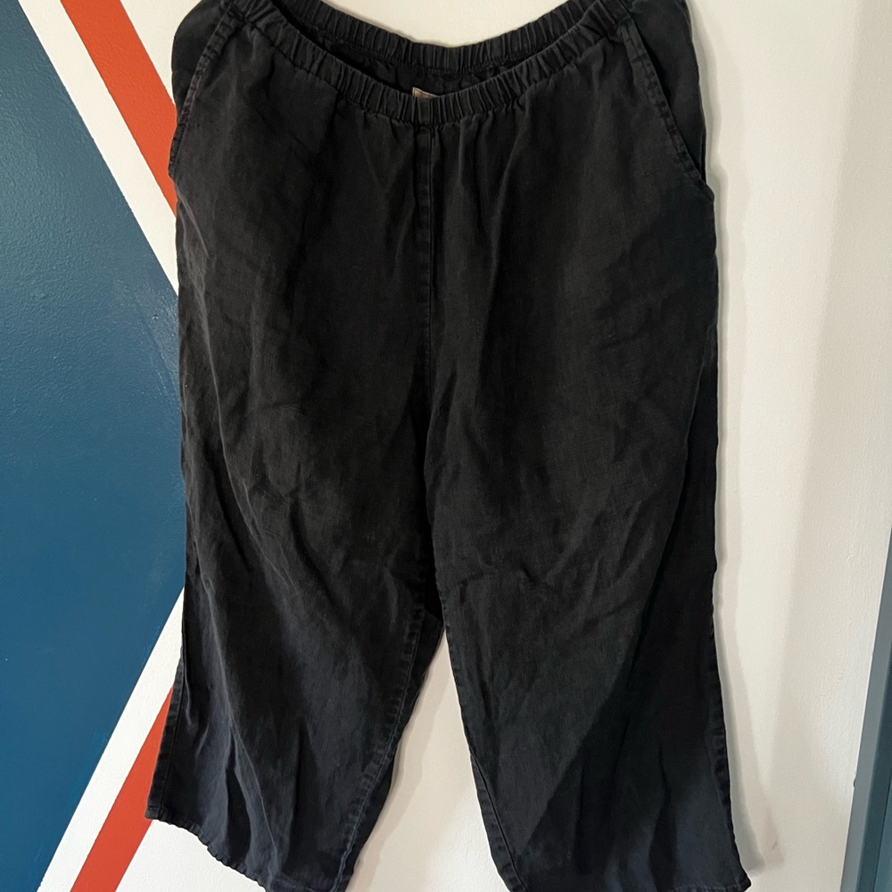 Flax Black Linen Blend Elastic Waist Crop Pants